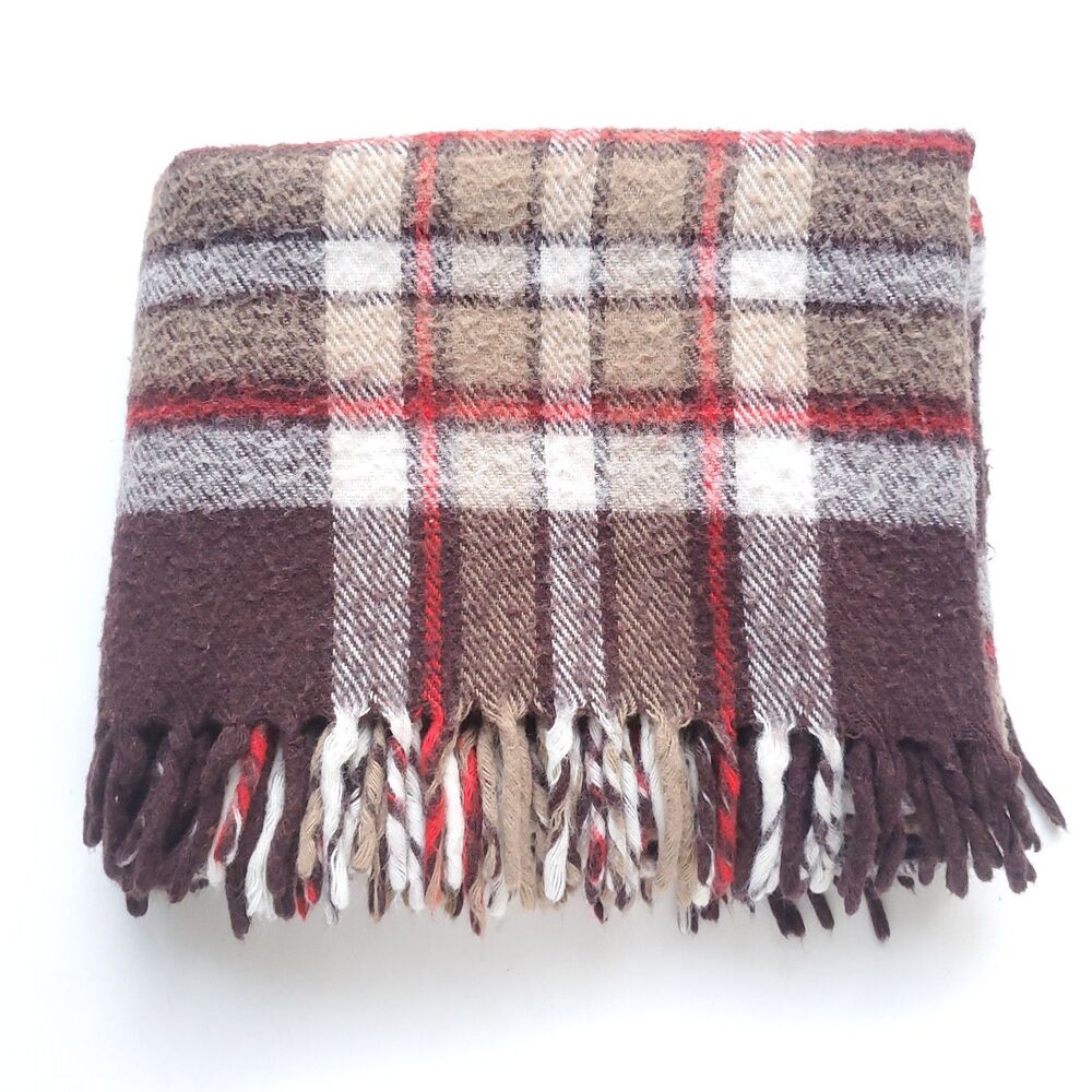 Vintage FARIBO Blanket Plaid Brown Fringe 40x53 Lap Stadium Picnic Throw USA